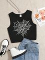 Teen Girl's Casual Spider Web Pattern Sleeveless Camisole Top, Perfect For Summer