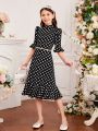SHEIN Kids CHARMNG Tween Girls' Romantic Polka Dot Print Leg-Of-Mutton Sleeves Stand Collar Dress