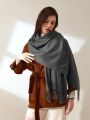 1pc Women's Deep Grey Tassel Fringe Faux Cashmere Warm And Versatile Plus Size Scarf Shawl Suitable For Daily Use