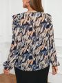 SHEIN Frenchy Plus Size V-Neck Lantern Sleeve Blouse With All Over Print
