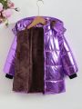 Girls' Casual Thickened Hooded Jacket With Windproof & Warm Fleece Lining, Laser Fabric, Winter