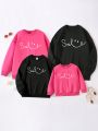 1pc Funny Cool Big Boys' Fashionable Sweatshirt With Face & Letter Print Fleece And Round Neck, Autumn/winter