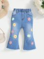 SHEIN Baby Girls' High Elastic Washed Fashionable Leisure Cute Flower Print Flared Jeans,Spring/Summer Boho Cute  Jeans