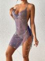 SHEIN SXY Backless Sequined Fishnet Chain Detail Halter Neck Dress