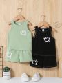 SHEIN 4pcs Baby Boy Casual Holiday Sleeveless Top & Shorts Set With Cute Face Pattern