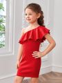 SHEIN Kids CHARMNG Toddler Girls One Shoulder Ruffle Trim Dress
