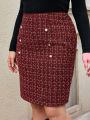 SHEIN Privé Plus Size Plaid Button Detail Back Slit Midi Skirt