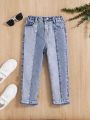 SHEIN Little Girls' Comfortable Soft High Waist Color Block Denim Pants For Casual & Fashion Style
