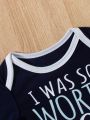 2pcs Baby Boys' Bodysuit With Slogan Print, Color-Blocked & Striped Edge Detail