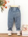 Baby Girls' Casual Cat & Bowknot & Flower Patterned Elastic Waist & Ankle & Ruffle Trim Jeans