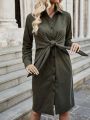 SHEIN Essnce Solid Knot Front Shirt Dress