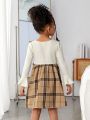 SHEIN Kids Cooltwn Little Girls' Street Style Sporty Knitted Plaid Patchwork Round Neck Long Sleeve Dress
