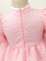 SHEIN Kids Nujoom Young Girls' Summer Textured Stand Collar Button Up Puff Sleeve Short Sleeve Dress With Back Zipper