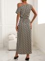 Printed Asymmetrical Neckline High Split Dress