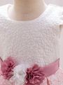 Toddler Girls' Pleated Embossed Short Sleeve Floral Decoration Formal Dress