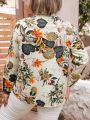 Plus Size Women's Tropical Plant Printed Long Sleeve Shirt