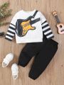 Baby Boys' Striped Patchwork Guitar Print Top And Overalls Set