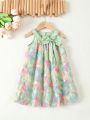 SHEIN Kids CHARMNG Little Girls' Romantic And Gorgeous Floral Mesh Halter Sleeveless Dress With Bow For Summer