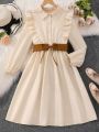 Teen Girl Lace Trimmed Belted Dress