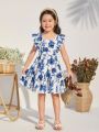SHEIN Kids Nujoom Toddler Girls' Loose Casual Floral Print Dress With Ruffled Sleeves And Bow Knot Back Design