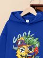 SHEIN Boys' Casual Hooded Letter Cartoon Print Velvet Sweatshirt And Sweatpants Suit