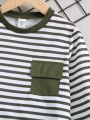 Young Boy Striped Print Flap Pocket Sweatshirt & Flap Pocket Pants