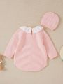Baby Girls' Patched Collar Sweater Jumpsuit With Hat