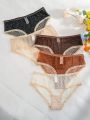 Women's Heart Print Mesh Gauze Lace Trimmed Thong Panties (5pcs/Pack)