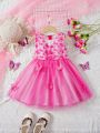 SHEIN Kids CHARMNG Little Girls' V-Neck Sleeveless Mesh Butterfly Appliqué Dress