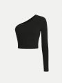 Teen Girls' Knitted Solid Color Asymmetric Neckline Hollow Out Long Sleeve T-shirt