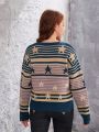 Teen Girls' Striped & Star Pattern Drop Shoulder Sweater