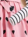 SHEIN Kids QTFun Tween Girl Striped & Heart Print Ruffle Trim Belted Dress