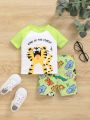 SHEIN Baby Boy Cute Cartoon Animal Pattern Raglan Short Sleeve Top And Fitted Shorts Pajama Set