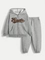 SHEIN Kids EVRYDAY Toddler Boys' Casual Hooded Zipper Front Letter Pattern Sweatshirt And Jogger Pants Set
