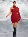 SHEIN SXY Plus Turtleneck Asymmetrical Shoulder Sweater Dress