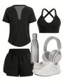 Daily&Casual 3pcs/Set Short Sleeve Top, Shorts, And Tank Top Sports Outfit