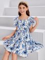 SHEIN Kids SUNSHNE Girls Floral Print Bow Back Ruffle Trim Dress