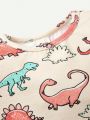 Cozy Cub 4pcs/set Baby Boys' Cartoon Little Dinosaur Patterned Round Neck Top And Long Pants Pajamas