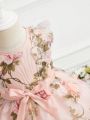 Baby Girls' Organza Floral Print Back Zipper Knot Waist Dress