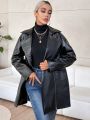 SHEIN Privé Zip Up Belted PU Leather Coat