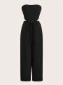 SHEIN Coolane Women's Solid Color Strapless Top And Drawstring Wide Leg Pants Two-piece Set