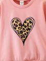 Young Girl Leopard & Heart Print Drop Shoulder Sweatshirt