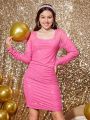 Teen Girl Square Neck Ruched Glitter Dress