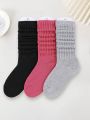 3 Pairs Plain Color Fashionable Basic Simple Pile Socks Mid-tube Socks