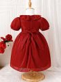 Baby Girls' Puff Sleeve Ruffled Hem Bowknot Formal Princess Dress For Performance, Party, Gift