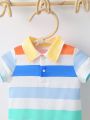 Baby Boy's Multi-Color Striped Printed Wide Angle Collar Short Sleeve Romper
