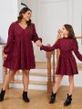 SHEIN Tween Girls' Woven Polka Dot Stand Collar Waist Cinched Holiday Dress, Mommy And Me Matching Outfits (2 Pieces Are Sold Separately)