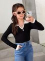 SHEIN Tween Girl Contrast Trim Polo Neck Ribbed Knit Tee