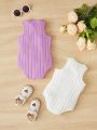 SHEIN 2pcs Baby Girl Casual Solid Striped Backless Jumpsuits Set