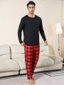 Men's Round Neck Long Sleeve Top & Plaid Pants Pajama Set